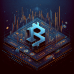 Abstract graphic showing Dogecoin price movement with technical analysis elements and futuristic design.